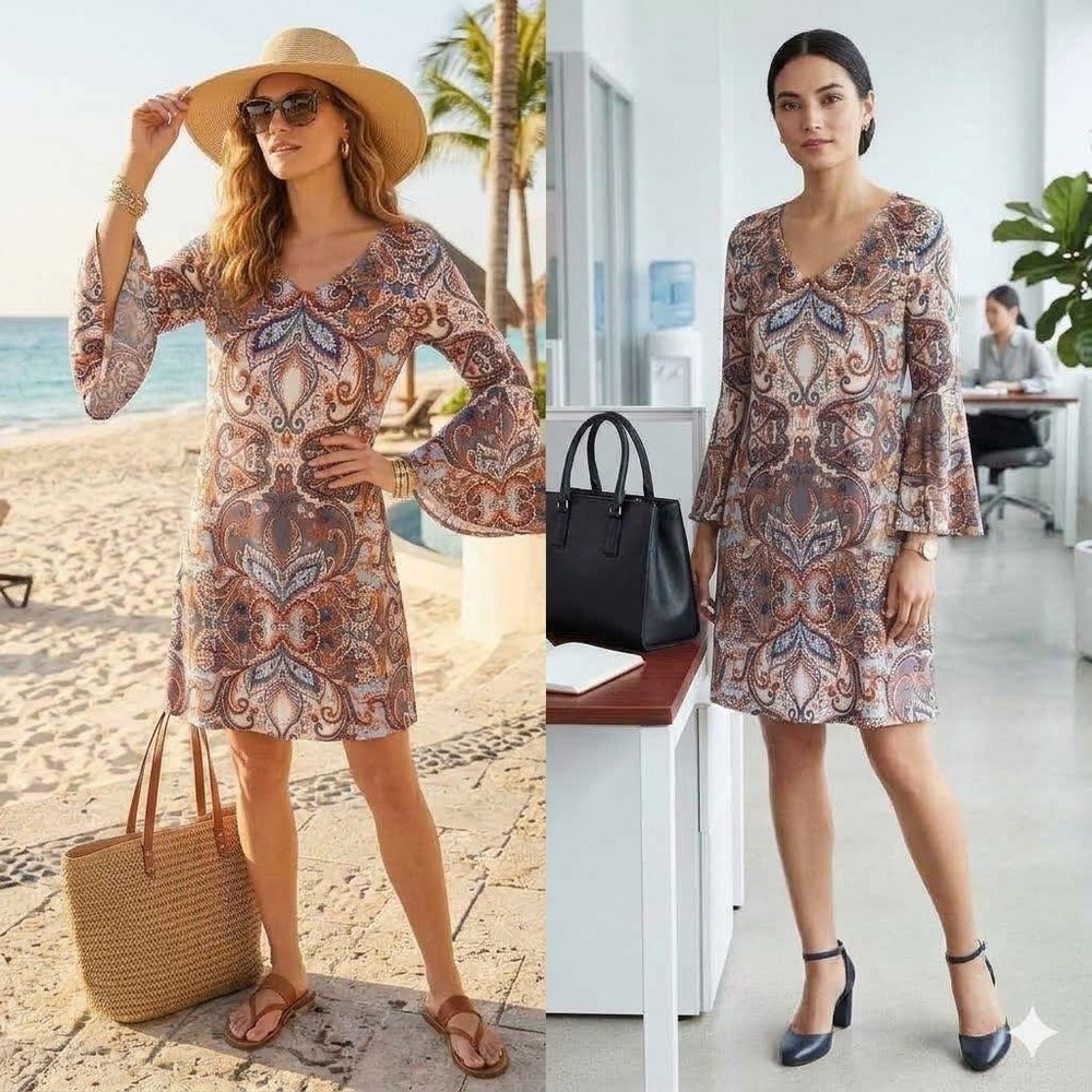 MSK Women M Vintage Dress Flare Cuff Sleeve Business Casual Boho Office Chic Y2K